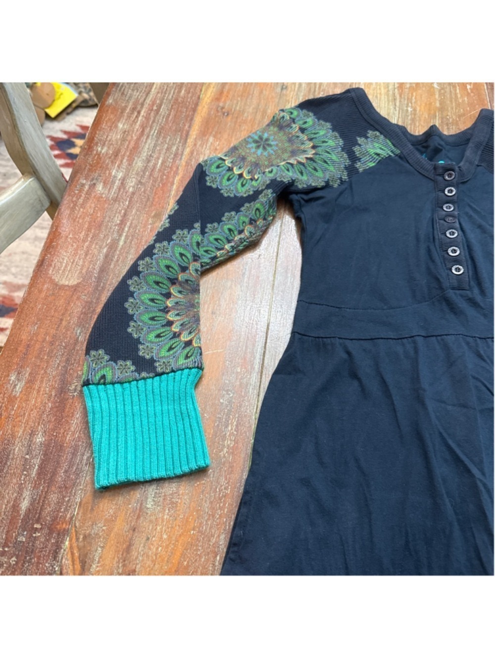 Desigual Navy Mandala Dress Sequin Glitter Mismatched Cuff Size Small - Picture 7 of 13